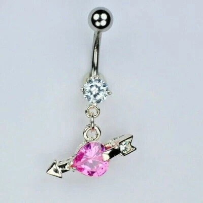 Ombligo de mujer enchapado en oro blanco de 14 quilates plateado corazón simulado diamante rosa Foto 1 de 3