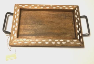 Natural Wood Serving Tray Metal Handles India Brown White Spotted Trim New - Picture 1 of 2