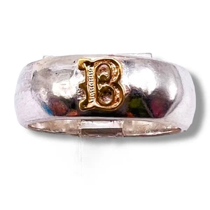 Old English Letter B Initial 10K Yellow Gold 925 Sterling Silver Band Ring 4.5 - Picture 1 of 13