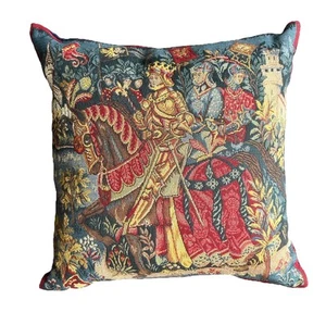 Vtg Fine Woven King Arthur Avalon Tapestry Abusson Pillow Navy Blue Velvet Back - Picture 1 of 6