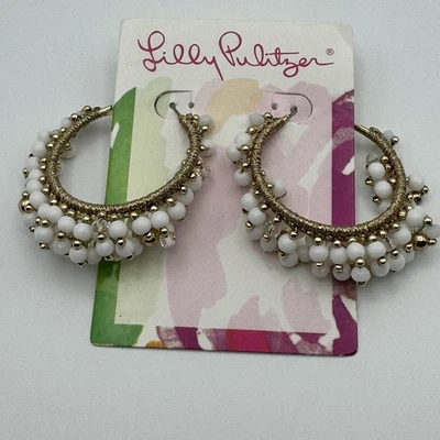 Lilly Pulitzer Hoop Earrings White Bead Gold Tone Resort Style 2” NWT - Image 1 of 4