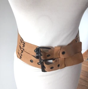 Leather Waist Belt Beige Soft Wide Women Metal 2 buckle Whimsygoth retro S - Picture 1 of 11