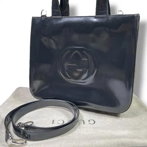 Gucci Patent Leather Interlocking G 2-Way Handbag Shoulder Bag Dark Gray Auth - Picture 1 of 10