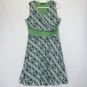Lands' End Dress Women L Green Blue Geo Sleeveless Faux Wrap Bodice Knee Length - Picture 1 of 10