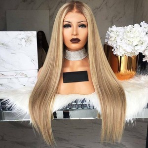 Ladies Ombre Gold Blonde Long Straight Wigs Women Hair Full Wig Party Cosplay