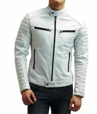New Men's White Stand Collar & Black Zipper Jacket 100% Real Lambskin CoatJacket