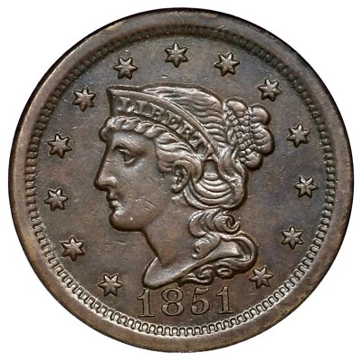 1851 N-34 R-4 NGC AU 58 Braided Hair Large Cent Coin 1c - Image 1 of 3