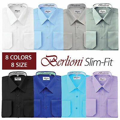 Camisa de vestir Berlioni Italia para hombre ajustada convertible puño liso italiano francés Foto 1 de 1