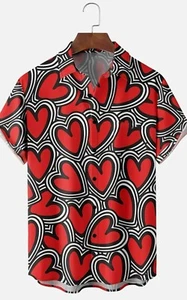 New Valentine's Day Heart Print Shirt Holiday Collar Hawaiian Short Sleeve Sz L - Picture 1 of 3
