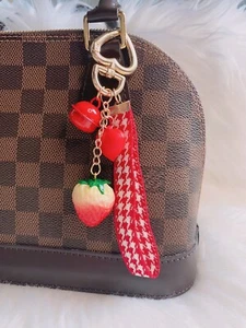 Strawberry Bag Charm Keychain car key Fob strap bell Red Gold New Birthday Gift - Picture 1 of 3