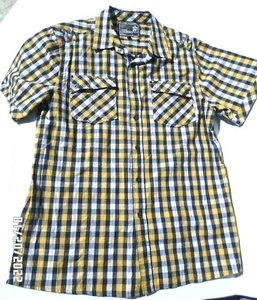 ELIXIR Button Up Short Sleeve Blue Yellow White Plaid Cotton Shirt Men's Size M. - Picture 1 of 10