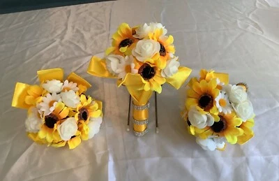 Set of 3 sunflower, rosebud and daisy wedding bouquets - Image 1 of 4