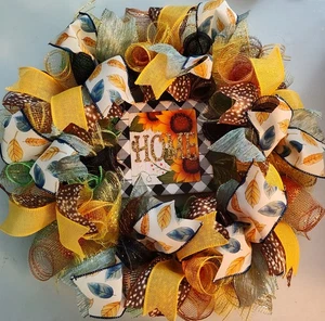 Handmade Seasonal Deco Mesh/Ribbon Wreath Home Yellow Black Autumn Sunflowers - Picture 1 of 3