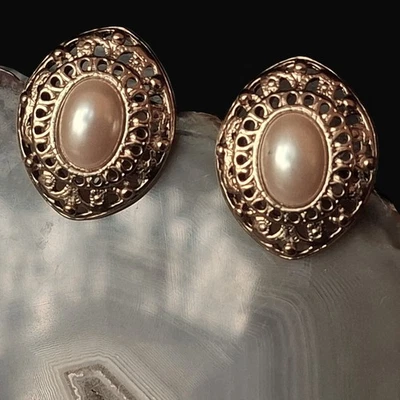 Ohrringe Messing Perlen mondän auffallend 3,5 cm ladylike Ohrclips 80er - Bild 1 von 4