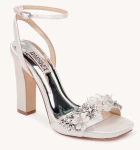 Badgley Mischka Alexa Zapatos de Noche Adornados Sandalias Blanco Suave Satinado Talla 10 - Imagen 1 de 12