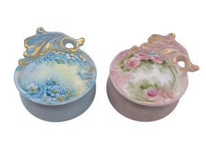 Vintage floral hand painted trinket dish boxes pink blue dresser box jewelry - Picture 1 of 11