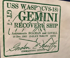 CAPTAIN'S NAVAL/SPACE COVER GEMINI 7 PRS WASP (CVS-18) OVERSIZED DEC 18 1965 - Picture 1 of 5