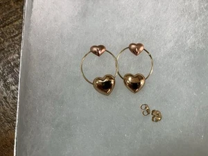 Michael Anthony 10K Two Tone Gold Rose Heart Floating Hoop Drop Post Earrings - Picture 1 of 6