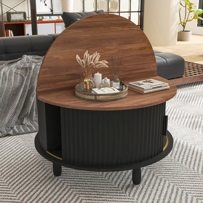 Wooden Coffee Table w/Storage Round & Sliding Cabinet Door for Living Room Home - Image 1 of 4