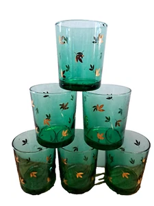 Vintage grünes Saftglas mit goldenen Blättern 4 Oz 6er Set - Bild 1 von 6