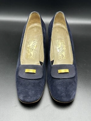 Zapatos de tacón Ferragamo vintage para mujer azul marino gamuza gatito 2" talla 6 1/2 B ITALIA Foto 1 de 4