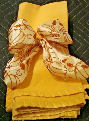 Lot (5) Vintage Cloth Holiday Table Napkins Gold-Color Fabric 16x19 Ribbon  219 - Image 1 of 4