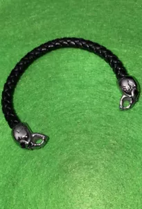 Inox Men'S leather Dark Brown Bracelet and Stainless Steel Skulls on the Tips - Picture 1 of 14