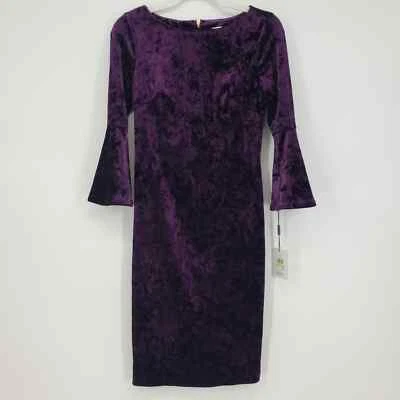 Calvin Klein Crushed Velvet Dress 4 Bell Sleeve Sheath Knee Length Purple NWT - image 1 of 4