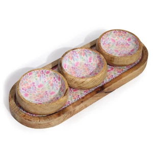 Mango Wood Tray with 3 Bowls - Pretty Pink Floral - Brand New - Picture 1 of 3