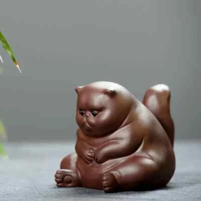Chinese Yixing Zisha Pottery Purple Mud Lovable Small Fat Cat Figurines Statues - Image 1 of 4