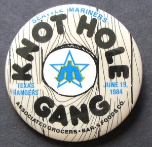 1984 Baseball KNOT HOLE Gang PINBACK Seattle MARINERS v. TEXAS RANGERS - June 15 - Picture 1 of 2