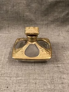 "Botella de perfume de cristal de latón Art Deco relieve floral 3,25"" EVC - Imagen 1 de 7