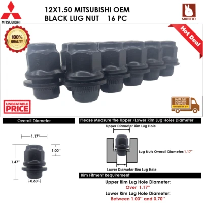 16PC MITSUBISHI  LANCER/MIRAGE 12X1.5 BLACK MAG SEAT LUG NUT FOR STOCK WHEEL - Image 1 of 3