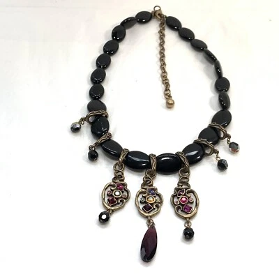 CHICO'S Negro Cuentas Boho Cuelga Dije Collar Cristal Estrás 16-20" Bronce Foto 1 de 4