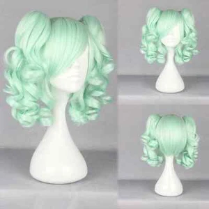 Ice Green Curly Medium Pigtail Ponytail Women's Cosplay Anime Hair Wig Wigs UK - Picture 1 of 6