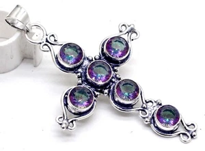 925 Sterling Silver Mystic Topaz Gemstone Jewellery Cross Pendant Size-2.50 - Picture 1 of 8
