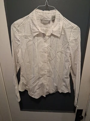 Liz Claiborne Women Size 12P Dress  Shirt Long Sleeve Button Front Wht/ Blk Dots - Image 1 of 4