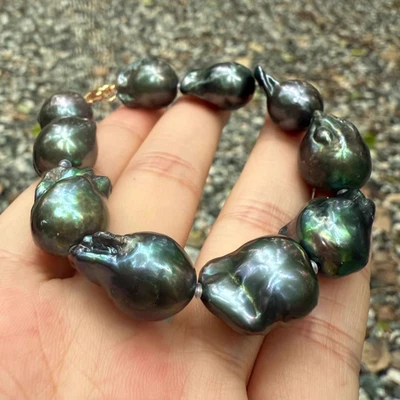 Impresionante 20-25mm Tahitiano Barroco Negro Azul Perla Pulsera 7.5-8" Foto 1 de 3