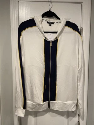 Jaqueta de pista Ann Klein tamanho M com zíper completo com capuz listra branca azul marinho elástica macia nova com etiquetas - Imagem 1 de 4