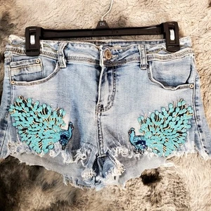 Miss Two Jeans Light Blue Denim Peacock Embroidered Shorts GIRLS Size XL - Picture 1 of 17