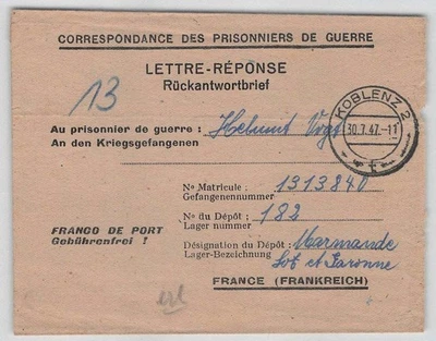 Kriegsgefangenenpost 2. WK (POW) Beleg aus KOBLENZ 1947 nach FRANKREICH [835] - Bild 1 von 2