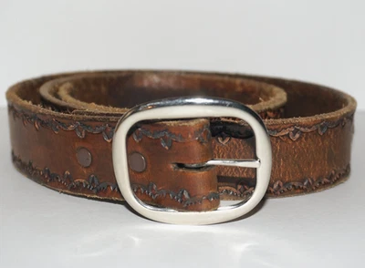 80's Vintage ARTISAN CRAFTED Patina Brown Tool-Stamped Leather Belt 34-38" - Image 1 of 4