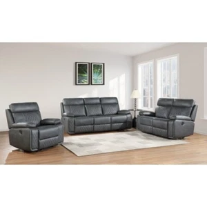 Luxurious Gray 3PC Manual Reclining Sofa Set, Plush Air Leather Sofa Couch Set - Picture 1 of 7