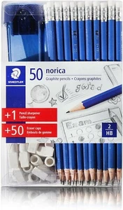 50 STAEDTLER NORICA GRAPHITE PENCILS WITH BONUS ERASER CAPS AND SHARPENER - Picture 1 of 3