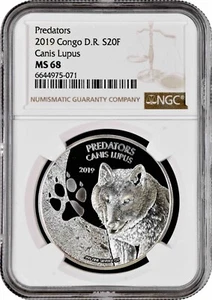 Congo Republic 20 francs 2019, NGC MS68, "Predators - Canis Lupus" silver coin - Picture 1 of 2