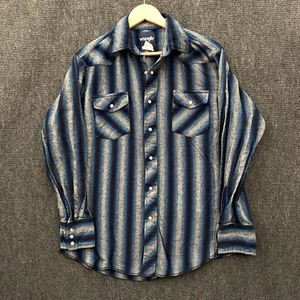Wrangler Mens Large Pearl Snap Flannel Shirt Black Blue Grey Western Stripe - Picture 1 of 9
