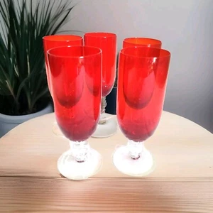 Ruby Red Glass Liquor/Wine Glasses, Clear  stems, Set of 5, Good Use Condition. - Picture 1 of 7