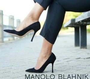 MANOLO BLAHNIK BB 105 Black Suede Stiletto Closed Pointed Pumps 39.5 Shoes 9.5 - Picture 1 of 10