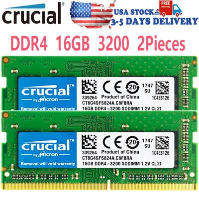 CRUCIAL DDR4 2X16GB  3200 PC4-25600 Laptop SODIMM Non-ECC 260-Pin Memory RAM - Image 1 of 4