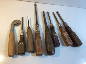VINTAGE LOT Of 8 WOODEN HANDLED OLD TOOLS Screwdriver Pick - Picture 1 of 5